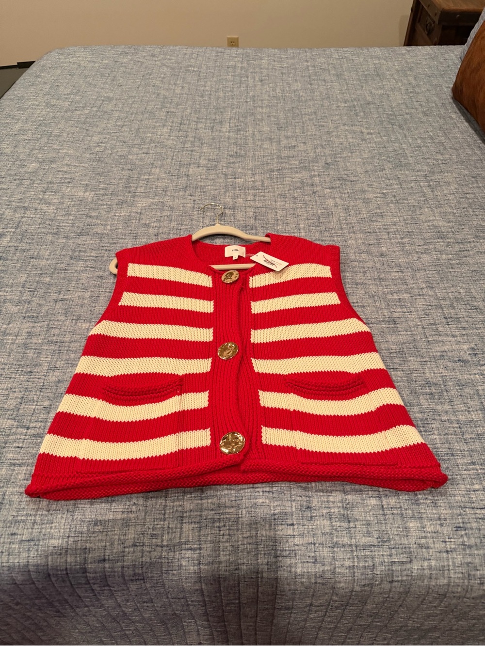 Lena Red and Cream Striped Knit Vest with Decorative Gold Buttons